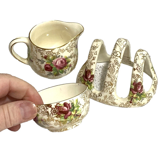 Vintage James Kent Chintz Longton Trellis June Roses Cream Sugar Toast Rack Set - Picture 7 of 9